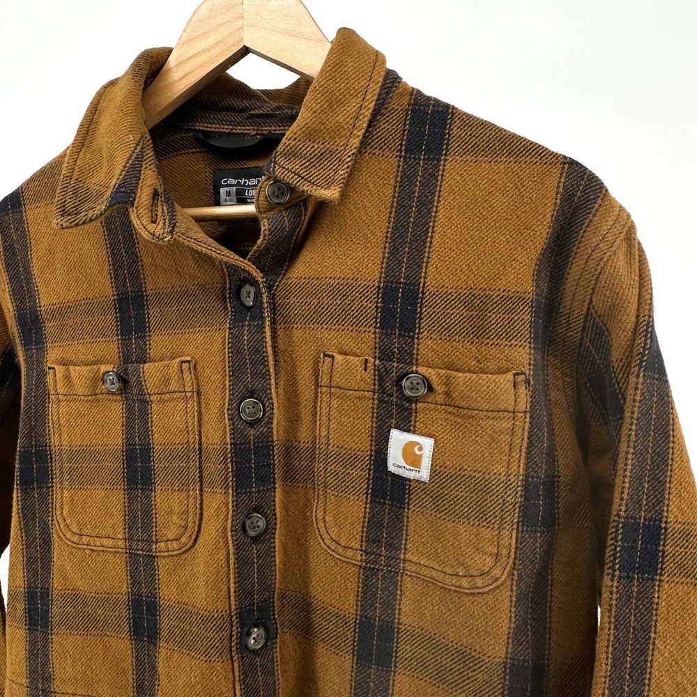 Carhartt Mens Loose Fit Heavyweight Flannel Plaid Shirt Jacket Brown Medium